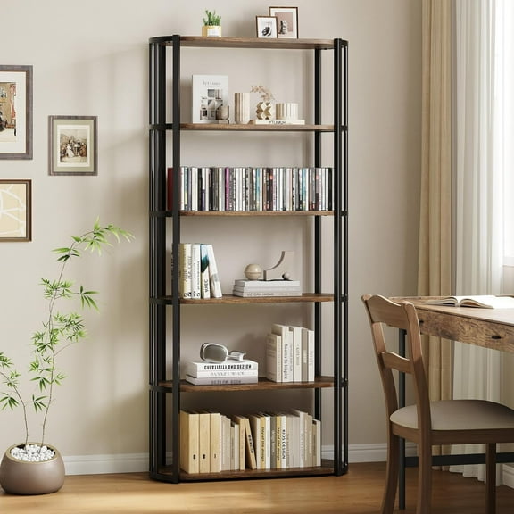 Twister.CK 6 Tier Bookshelf with Metal Frame, Industrial Tall Bookcase, Freestanding Open Back Display Rack, Storage shelf, for Bedroom, Living Room, Brown