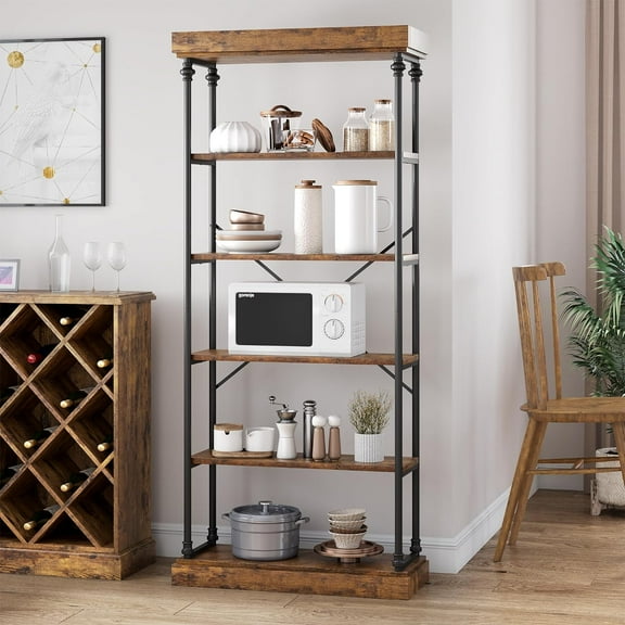 Twister.CK 6 Tier Industrial Bookcase with Metal Frame, Rustic Standing Bookshelves Display Rack for Bedroom, Living Room and Home Office, Brown