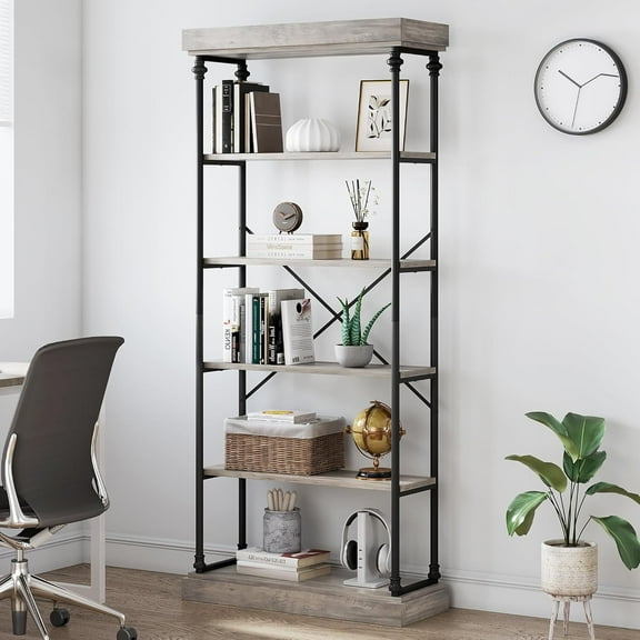 Twister.CK 6 Tier Industrial Bookcase with Metal Frame, Rustic Standing Bookshelves Display Rack for Bedroom, Living Room and Home Office, Gray