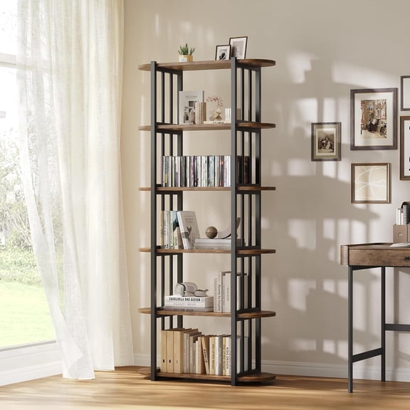 Memoryfield 6-Tier Industrial Bookshelf, Rustic Wood Bookcase with Metal Frame, Open Storage Display Rack for Living Room Office Bedroom, Brown