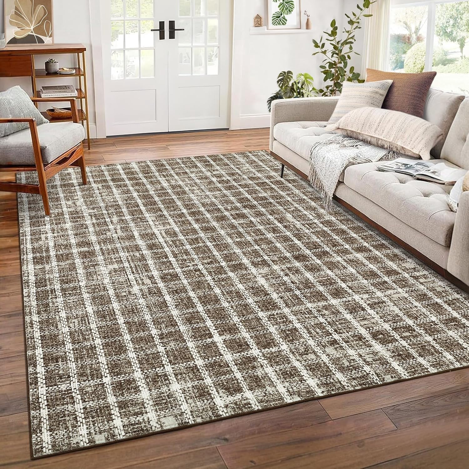 Twister.CK 6' x 9' Plaid Area Rugs, Modern Washable Stain-Resistant Carpet, Non Slip Indoor Rug for Living Room Dining Room Office, Coffee