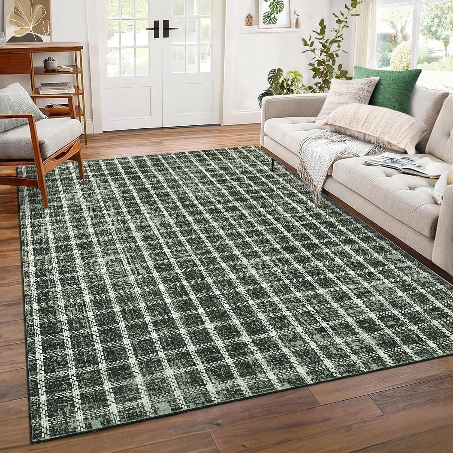 Twister.CK 6' x 9' Plaid Area Rugs, Modern Washable Stain-Resistant Carpet, Non Slip Indoor Rug for Living Room Dining Room Office, Green
