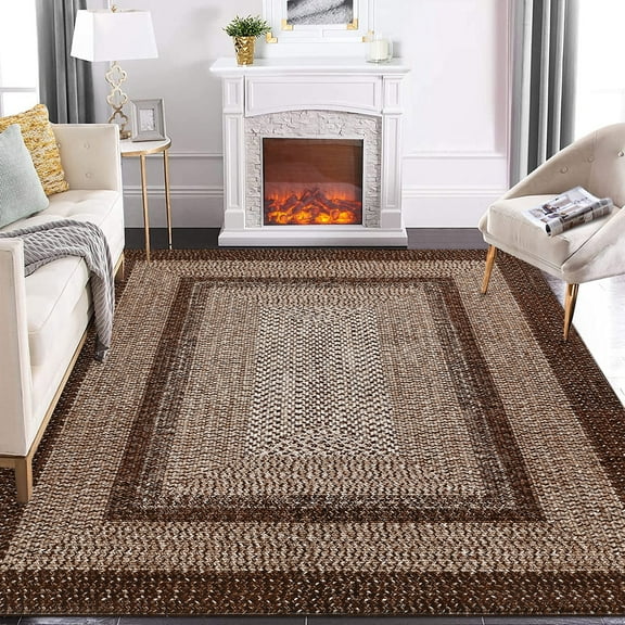 Twister.CK 6'x9' Modern Braided Print Area Rug, Low Pile Non Slip Carpet, Geometric Bordered Area Rugs for Living Room Bedroom Home Office, Brown