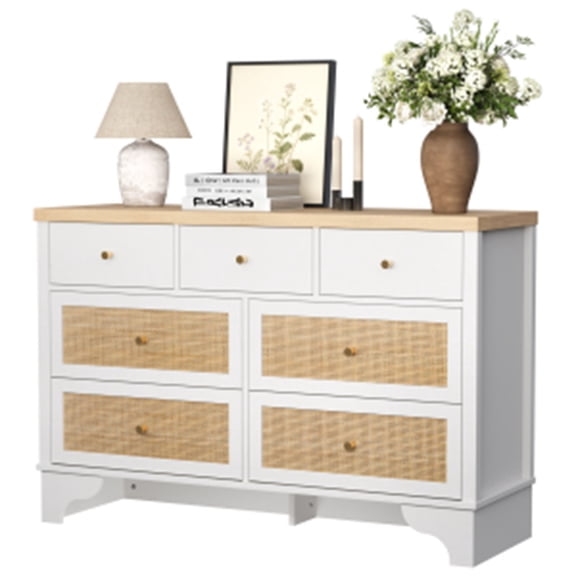Twister.CK 7 Drawers Dresser for Bedroom, 47.3'' Wide Wood Chest of Drawers with Natural Rattan Drawers, Drawer Organizer for Living Room, Entryway and Hallway, White
