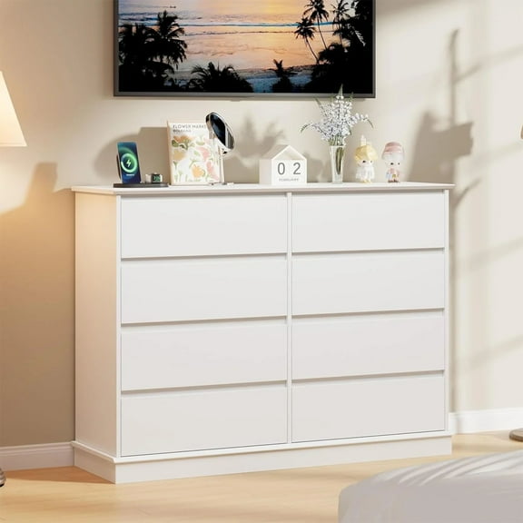 Twister.CK 8 Drawer Double Dresser for Bedroom, Wooden Chest of Drawers, Modern Storage Cabinet for Living Room, White