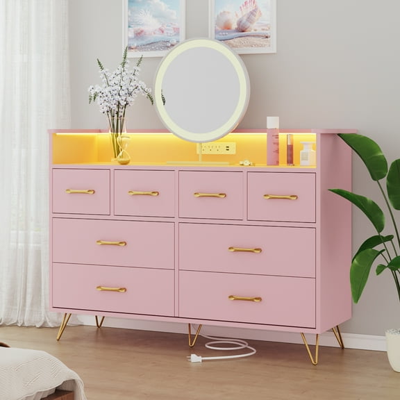 Twister.CK 8 Drawers Dresser, Storage Chest of Drawers, TV Stand for 65" with Power Outlet & LED Lights, for Living Room Bedroom, White