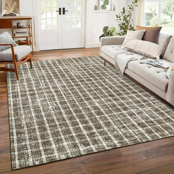 Twister.CK 8' x 10' Plaid Area Rugs, Modern Washable Stain-Resistant Carpet, Non Slip Indoor Rug for Living Room Dining Room Office, Coffee