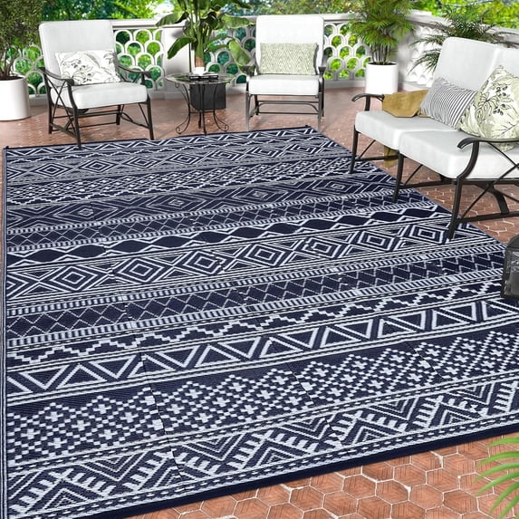 Twister.CK 8' x 10' Plastic Outdoor Rugs, Waterproof Bohemia Straw Rug Reversible Outside Carpet for Patio Deck Porch Backyard Camping Picnic Beach, Dark Blue & White
