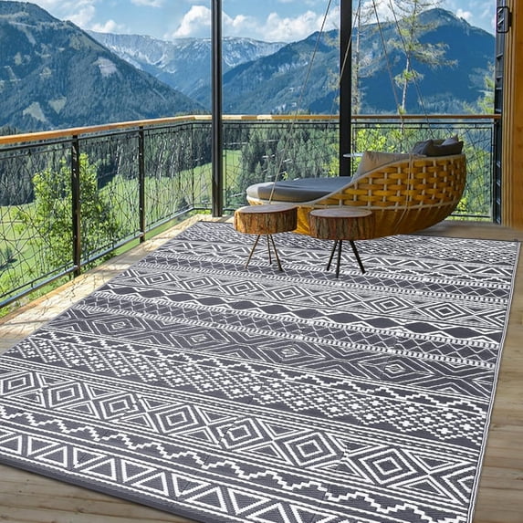 Twister.CK 8' x 10' Plastic Outdoor Rugs, Waterproof Bohemia Straw Rug Reversible Outside Carpet for Patio Deck Porch Backyard Camping Picnic Beach, Gray & White