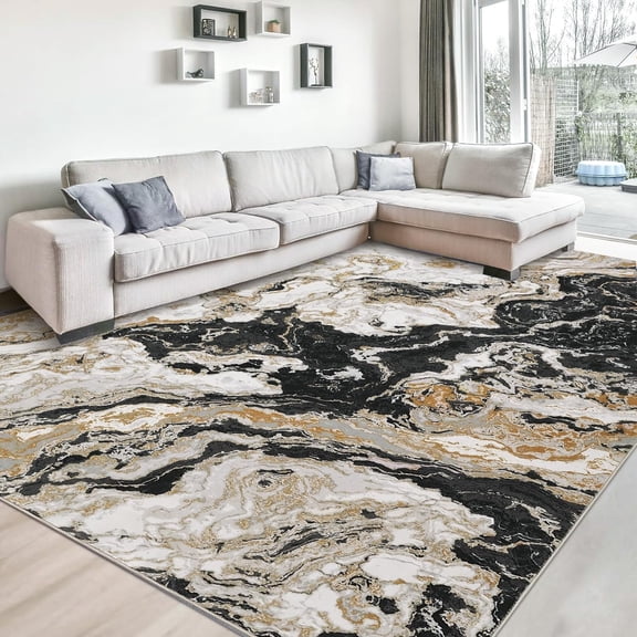 Twister.CK 8' x 10' Washable Rugs, Modern Marble Print Area Rug, Low Pile Stain-Resistant Carpet, for Living Room Home Office, Black