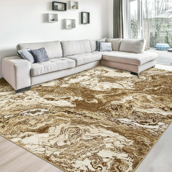 Twister.CK 8' x 10' Washable Rugs, Modern Marble Print Area Rug, Low Pile Stain-Resistant Carpet, for Living Room Home Office, Brown