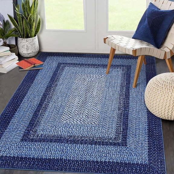 Twister.CK 8'x10' Modern Braided Print Area Rug, Low Pile Non Slip Carpet, Geometric Bordered Area Rugs for Living Room Bedroom Home Office, Navy Blue