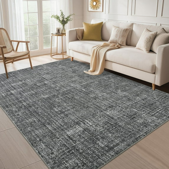 Twister.CK 9' x 12' Modern Washable Area Rug, Low Pile Non Slip Carpet, Stain-Resistant Floor Mat for Living Room Bedroom Home Office, Dark Gray