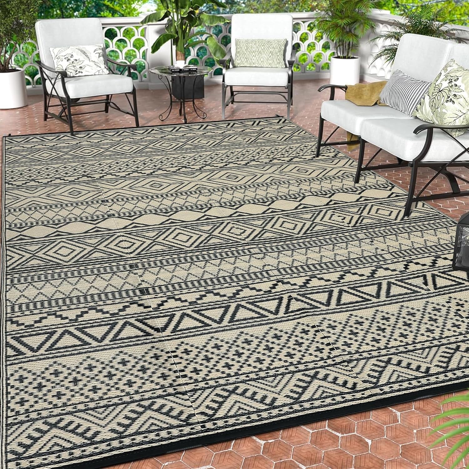 Twister.CK 9' x 12' Plastic Outdoor Rugs, Waterproof Bohemia Straw Rug Reversible Outside Carpet for Patio Deck Porch Backyard Camping Picnic Beach, Black & Brown