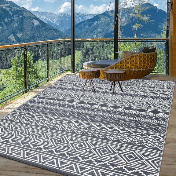 Twister.CK 9' x 18' Plastic Large Outdoor Rugs, Waterproof Bohemia Straw Rug Reversible Outside Carpet for Patio Deck Porch Backyard Camping Picnic Beach, Gray & White