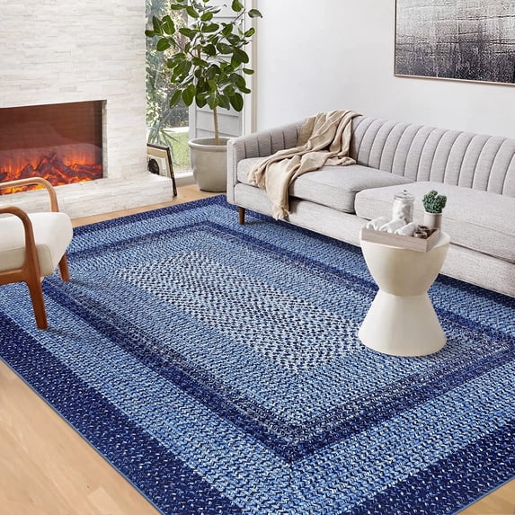 Twister.CK 9'x12' Modern Braided Print Area Rug, Low Pile Non Slip Carpet, Geometric Bordered Area Rugs for Living Room Bedroom Home Office, Navy Blue