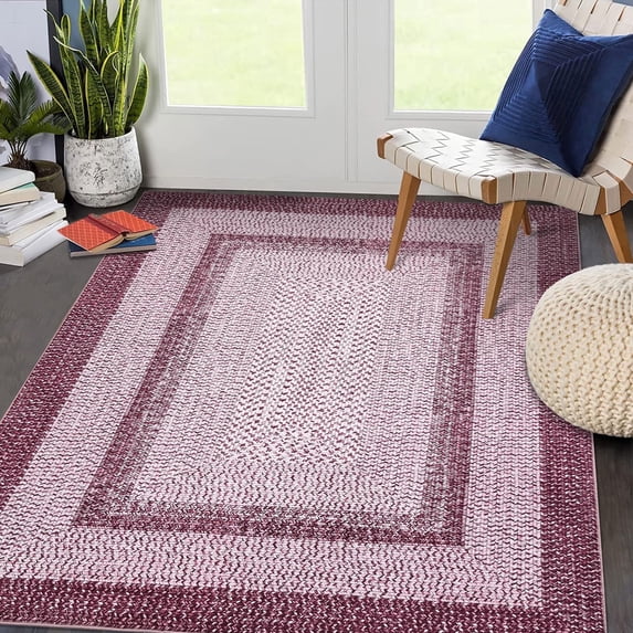 Twister.CK 9'x12' Modern Braided Print Area Rug, Low Pile Non Slip Carpet, Geometric Bordered Area Rugs for Living Room Bedroom Home Office, Pink