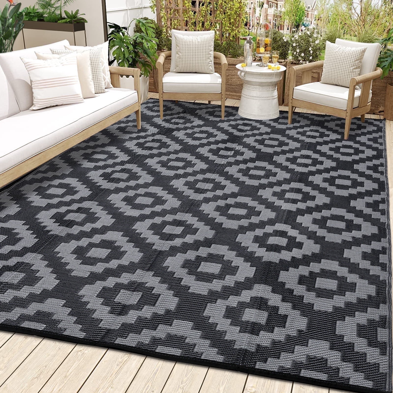 Twister.CK 9x12' Waterproof Outdoor Rug, Reversible Plastic Patio Rugs with Storage Bag, Portable Modern Indoor Outdoor Carpet for Camping, Balcony Deck Backyard, Black & Gray