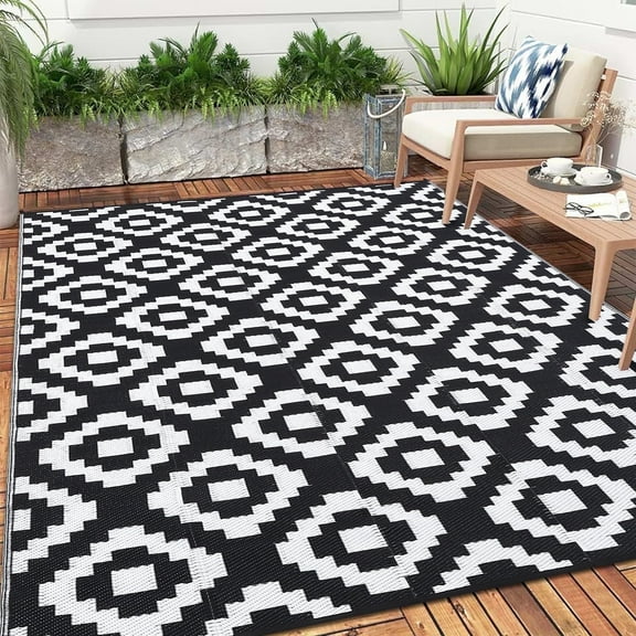 Twister.CK 9x12' Waterproof Outdoor Rug, Reversible Plastic Patio Rugs with Storage Bag, Portable Modern Indoor Outdoor Carpet for Camping, Balcony Deck Backyard, Black & White