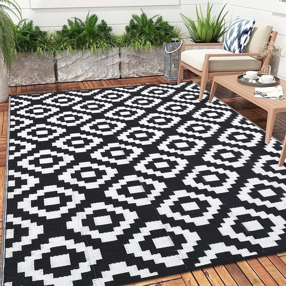 Twister.CK 9x18' Waterproof Outdoor Rug, Reversible Plastic Patio Rugs with Storage Bag, Portable Modern Indoor Outdoor Carpet for Camping, Balcony Deck Backyard, Black & White
