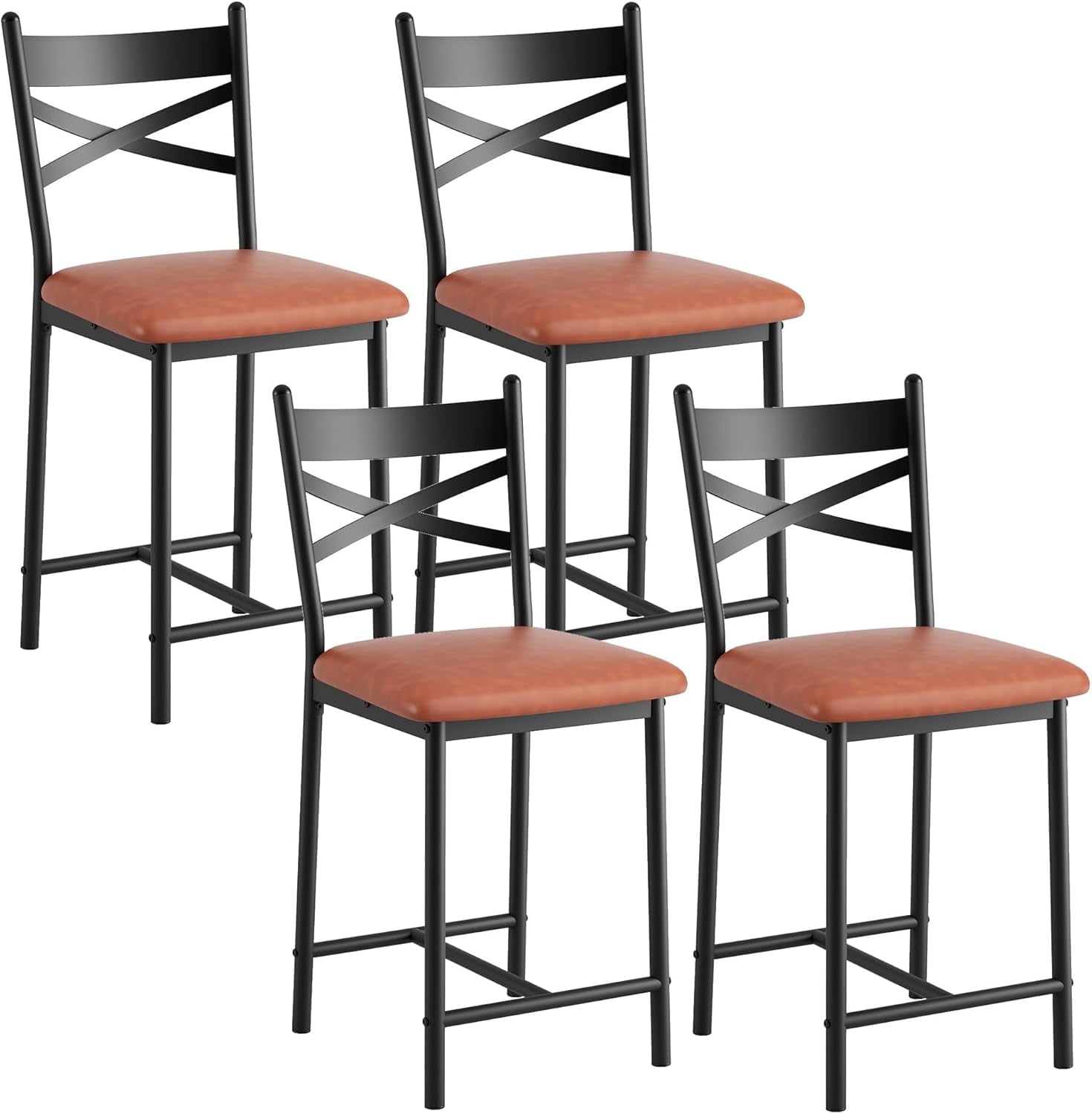 Twister.CK Bar Stools Set of 4, Faux Leather Upholstered Bar Chair with Back & Footrest & Thick Cushion, Counter Height Bar Stools for Kitchen Island Apartment, Brown