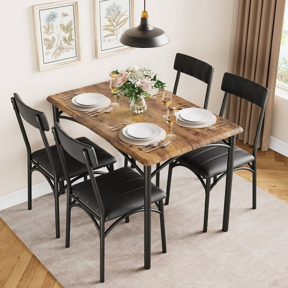 Twister.CK Dining Table Set With 4 Soft Cushioned Chairs, 5-Piece Kitchen Table & Chairs Set, for Kitchens, Dining Rooms, Apartments, Studios, Rustic Brown