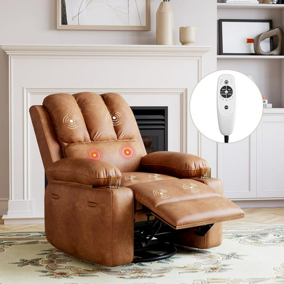 Twister.CK Electric Recliner Chair with Massage & Heat, 360° Swivel Rocker Lounge Recliner, Single Sofa Chair with Remote Control & Cup Holder, Living Room Bedroom Nursery, Brown