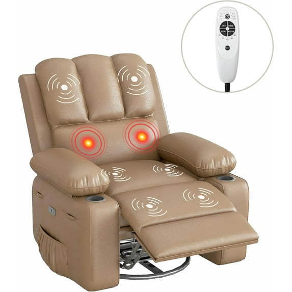 Twister.CK Electric Recliner Chair with Massage & Heat, 360° Swivel Rocker Lounge Recliner, Single Sofa Chair with Remote Control & Cup Holder, Living Room Bedroom Nursery, Dark Yellow