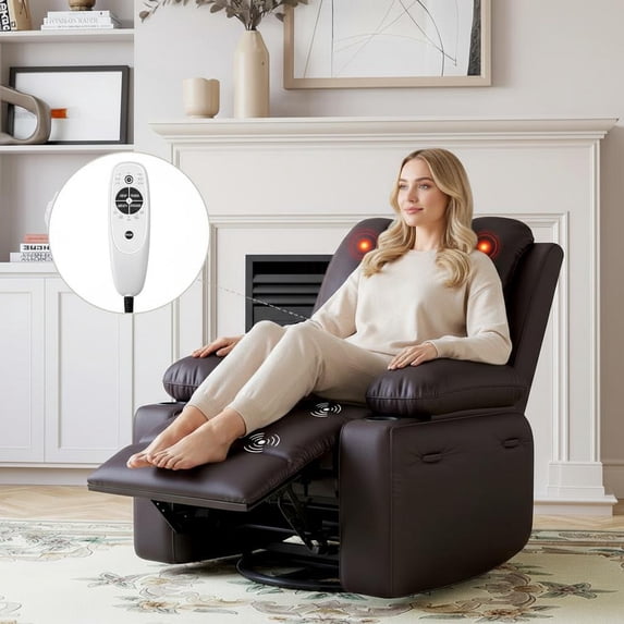 Twister.CK Electric Recliner Chair with Massage & Heat, 360° Swivel Rocker Lounge Recliner, Single Sofa Chair with Remote Control & Cup Holder, Living Room Bedroom Nursery, Coffee