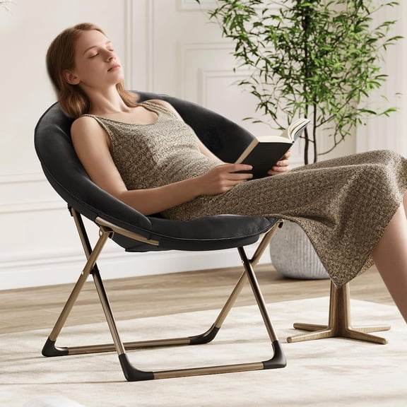 Twister.CK Folding Saucer Chair for Adult, Oversized Round Cozy Moon Chair, Metal Frame Lounge Chair for Bedroom, Black