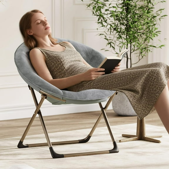 Twister.CK Folding Saucer Chair for Adult, Oversized Round Cozy Moon Chair, Metal Frame Lounge Chair for Bedroom, Gray