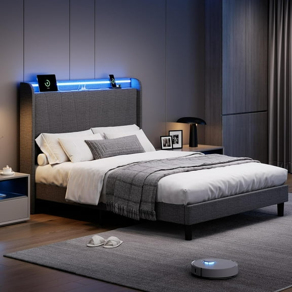 Twister.CK Full Size Bed Frame with Charging Station and LED Lights, Modern Platform Bed with Wooden Slats, Upholstered Headboard, No Box Spring Needed, Gray