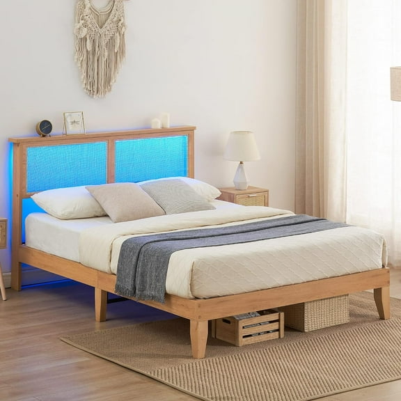 Twister.CK Full Size Rattan Bed Frame with LED Lights, Bohemian Platform Bed Frame with Headboard, Solid Wood Foundation with Silent Slats,No Box Spring Needed