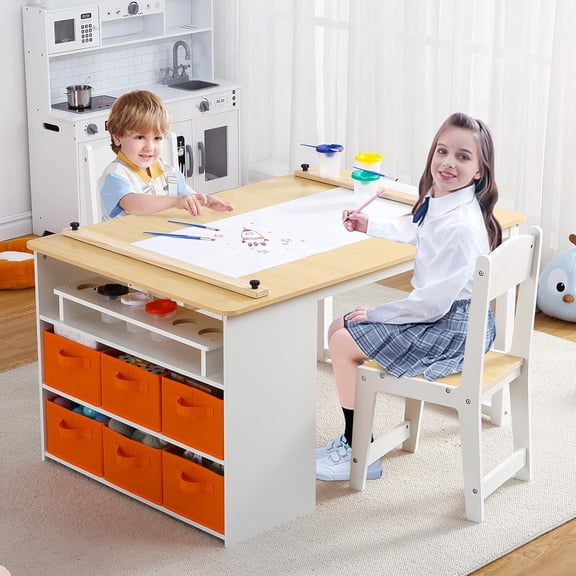 Twister.CK Kids Art Table and Stool Set, Craft and Play Wood Activity Table With Storage Bins, Drawing Desk with Paint Cups, Children Study Table, Yellow & White