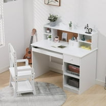 Twister.CK Kids Desk and Chair Set, Wooden Study Table with Storage, Bulletin Board, Keyboard Stand, Pen Holder, White