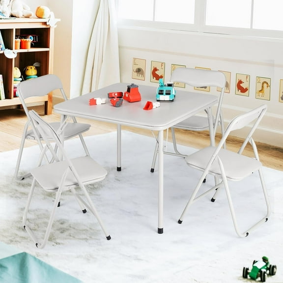 Twister.CK Kids Folding Card Table and Chair Set of 5, Upholstered Foldable Table and Chair Set, Portable Metal Frame Activity Table and Chairs Set for Eating, Reading, Playing, Beige