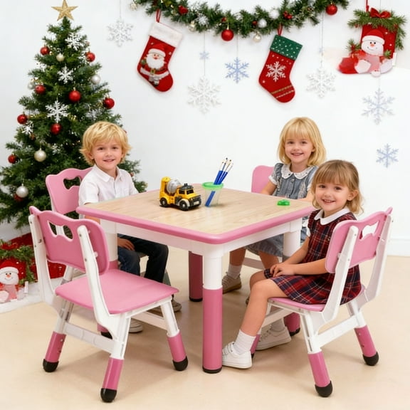 Twister.CK Kids Table and 4 Chairs Set, Height Adjustable Toddler Multi-Activity Table with Graffiti Desktop Non-Slip Legs for Ages 2-10, Children Activityfor Daycare, Classroom, Home, Pink