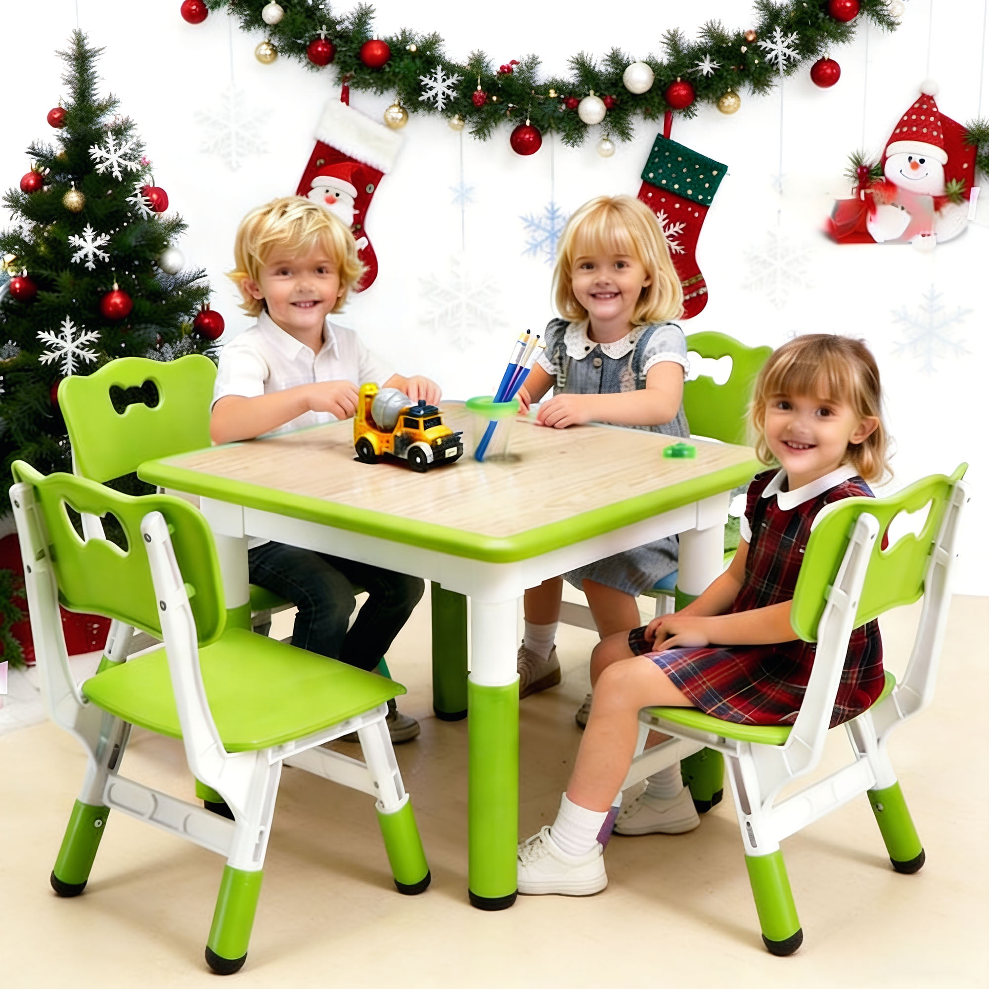 Twister.CK Kids Table and 4 Chairs Set, Height Adjustable Toddler Multi-Activity Table with Graffiti Desktop Non-Slip Legs for Ages 2-10, Children Activityfor Daycare, Classroom, Home, Green