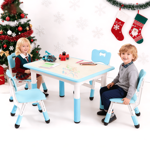 Twister.CK Kids Table and Chairs Set, Height Adjustable Toddler Table and 4 Chairs, Children Multi-Activity Table with Graffiti Desktop Non-Slip Legs for Ages 2-10, for Daycare, Classroom, Home, Blue
