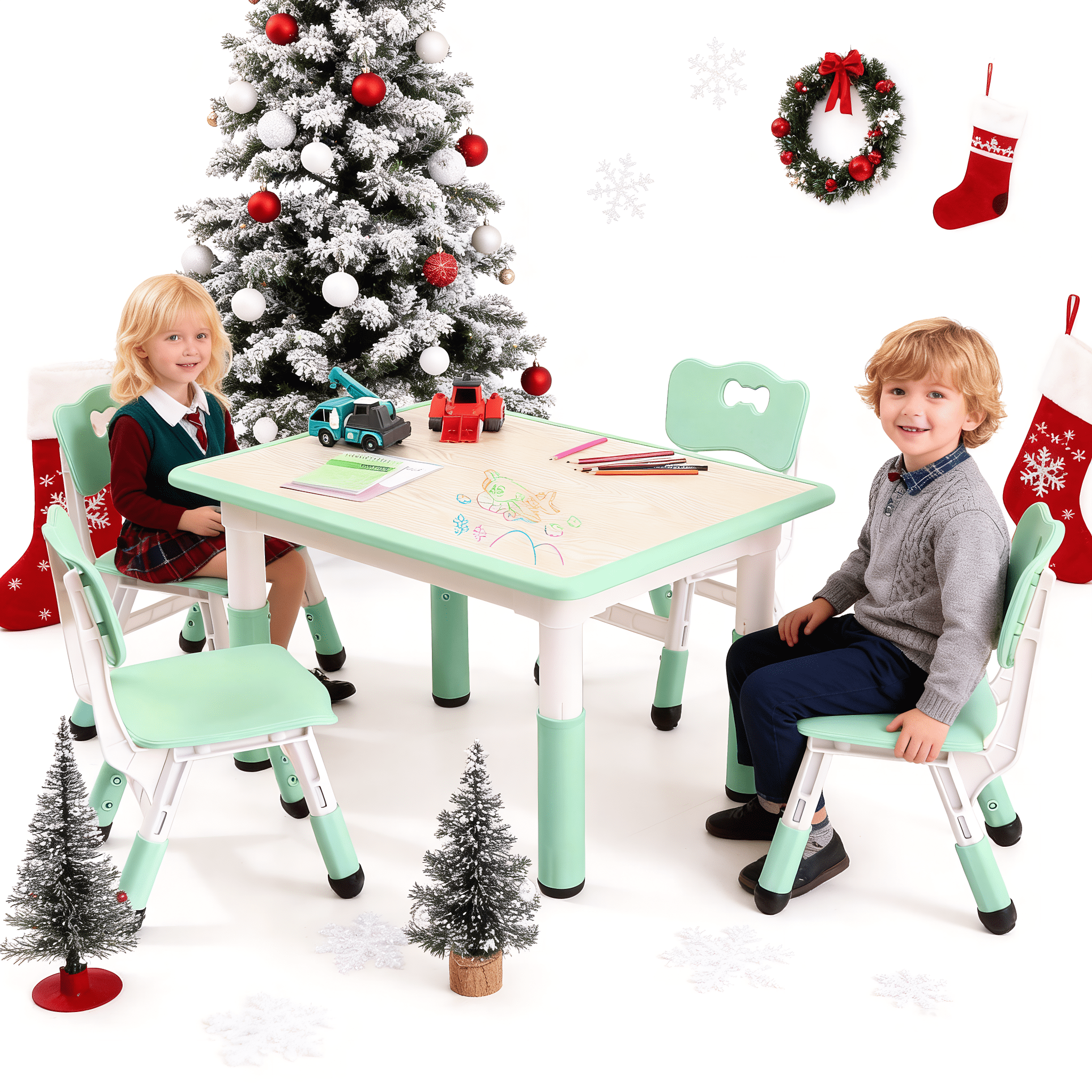 Twister.CK Kids Table and Chairs Set, Height Adjustable Toddler Table and 4 Chairs, Children Multi-Activity Table with Graffiti Desktop Non-Slip Legs for Ages 2-10, for Daycare, Home, Light Blue