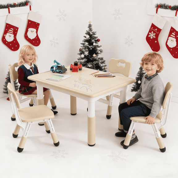 Twister.CK Kids Table and Chairs Set, Height Adjustable Toddler Table and 4 Chairs, Children Multi-Activity Table with Graffiti Desktop Non-Slip Legs for Ages 2-10, for Daycare, Home, Natural