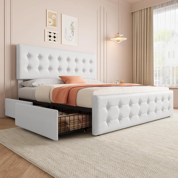 Memoryfield King Size Bed Frame with 4 Storage Drawers and Headboard, Faux Leather Upholstered Platform Bed Frame with Wooden Slats Support, No Box Spring Needed, White