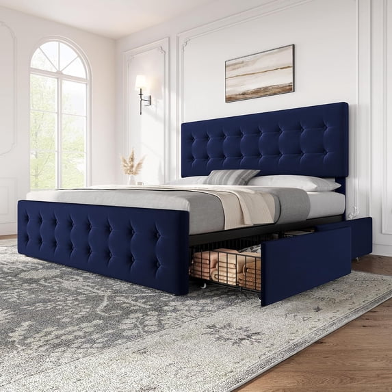 Memoryfield King Size Bed Frame with 4 Storage Drawers and Headboard, Velvet Upholstered Platform Bed Frame with Wooden Slats Support, No Box Spring Needed, Blue