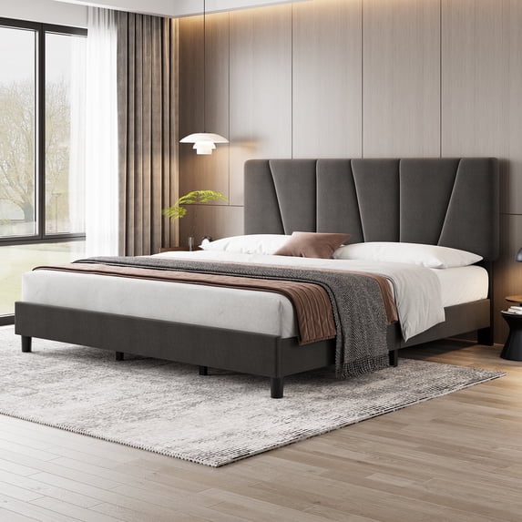 Memoryfield King Size Bed Frame with Adjustable Headboard, Linen Upholstered Platform Bed Frame King with Strong Wooden Slats, Mattress Foundation, No Box Spring Needed, Easy Assembly, Gray