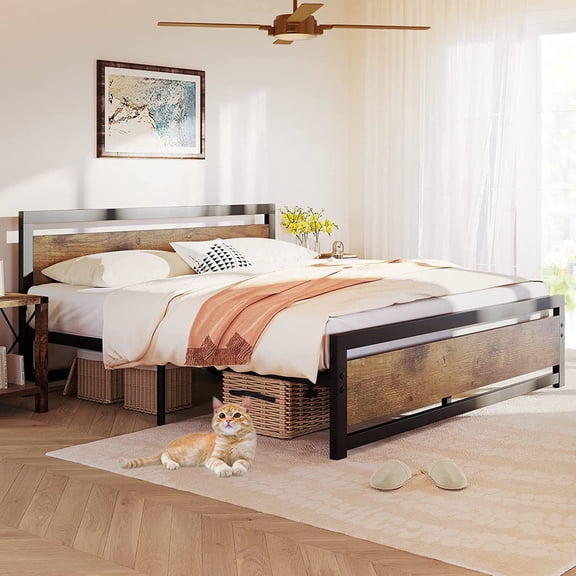Memoryfield King Size Bed Frame with Wooden Headboard and Footboard, Metal Frame Bed Platform No Box Spring Needed, Rustic Brown