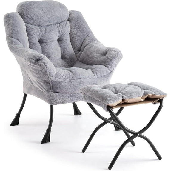 Twister.CK Lazy Chair with Ottoman, Thick Padded Modern Accent Armchair, Upholstered Sofa Chair with Armrest, Reading chair with Footstool for Bedroom, Living Room, Plush Gray