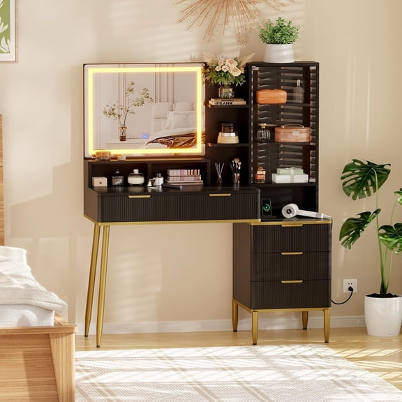 Twister.CK Makeup Vanity Desk With Lighted Mirror & Power Outlet, Modern Vanity Table With Acrylic Protective Door, 5 Drawers and Storage Shelf, Dressing Table for Bedroom, Black