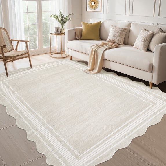 Twister.CK Modern 10' x 13' Bordered Area Rug, Washable Irregular Rugs, Non-Slip Carpet for Bedroom Dining Room Home Office, Beige
