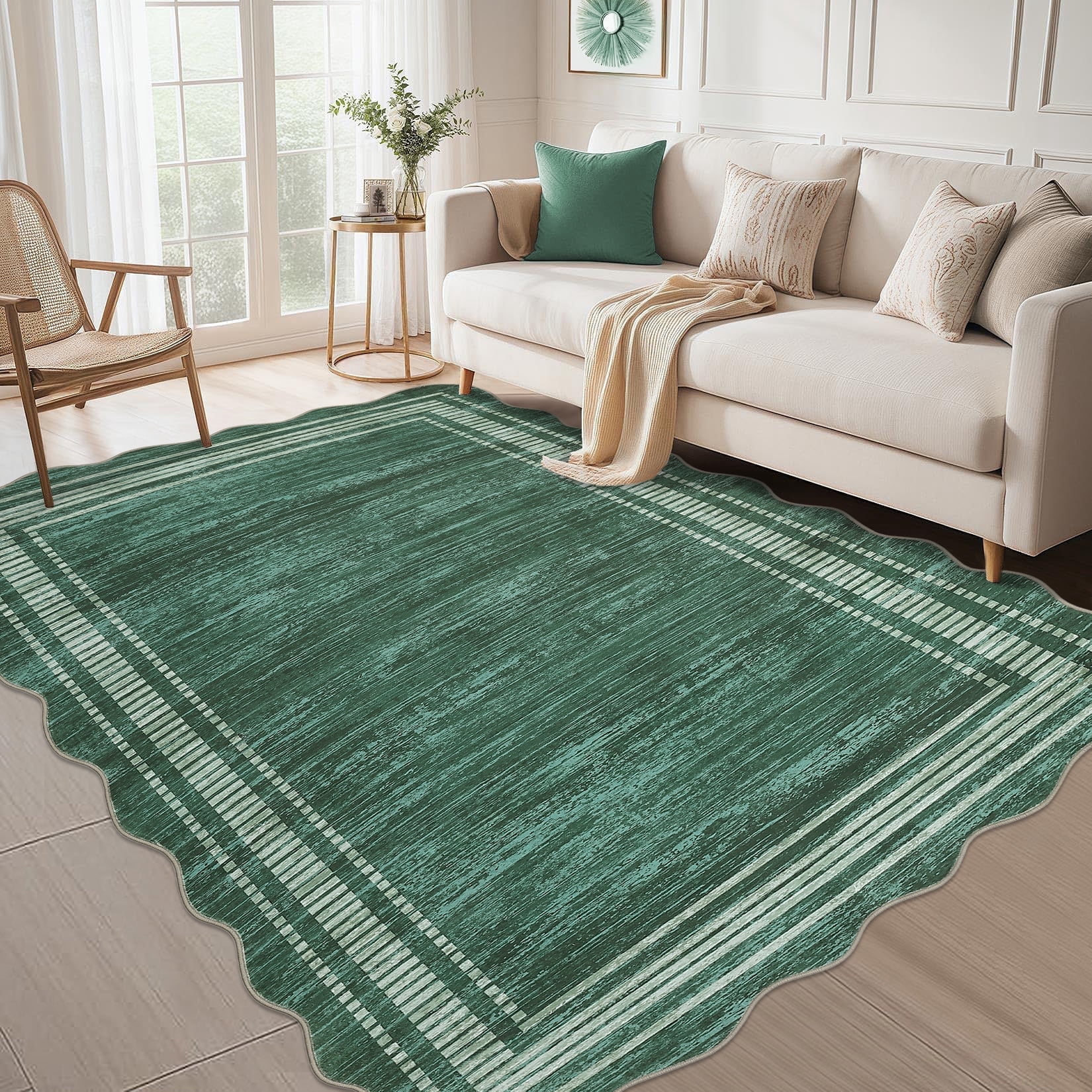 Twister.CK Modern 10' x 13' Bordered Area Rug, Washable Irregular Rugs, Non-Slip Carpet for Bedroom Dining Room Home Office, Green