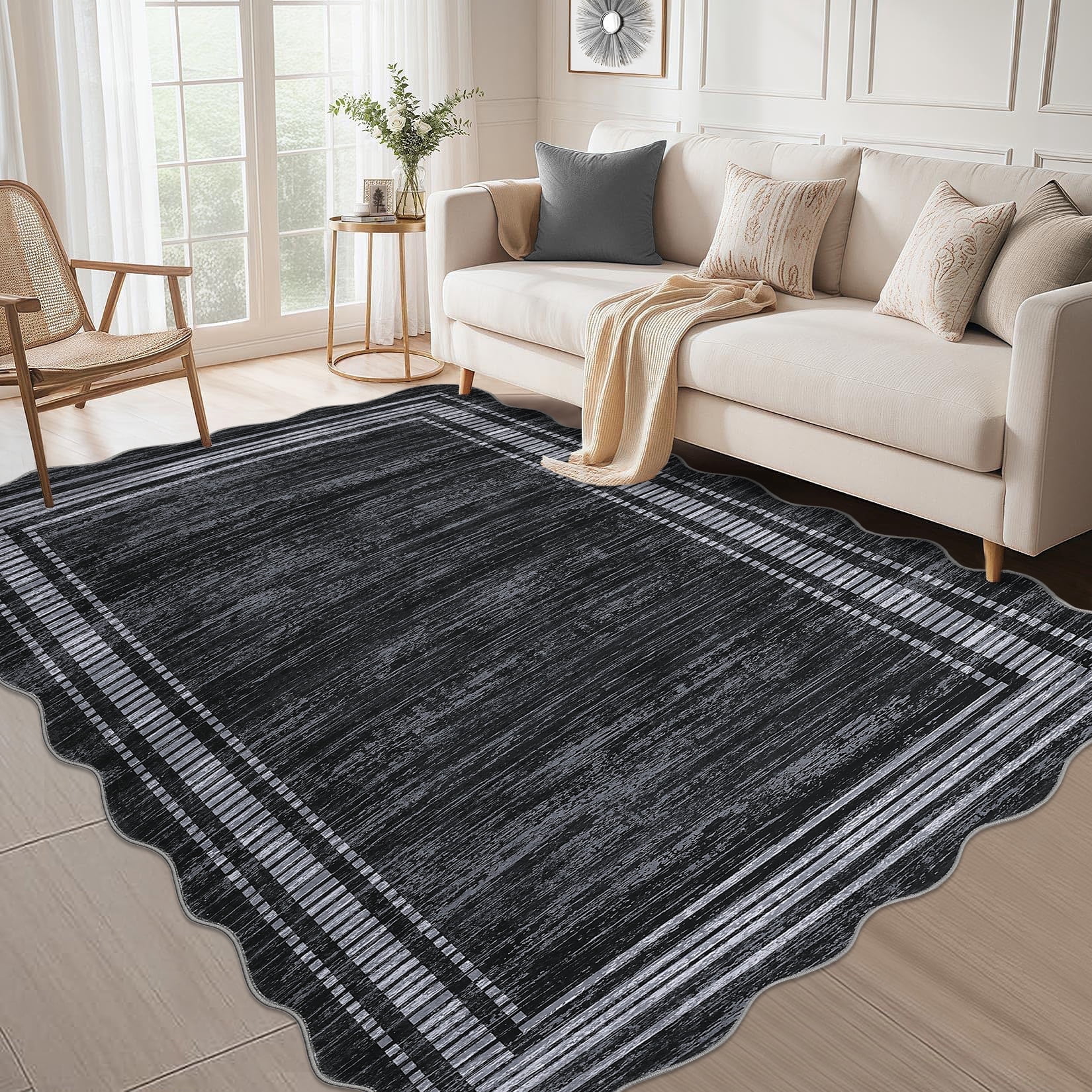 Twister.CK Modern 5' x 7' Bordered Area Rug, Washable Irregular Rugs, Non-Slip Carpet for Bedroom Dining Room Home Office, Black